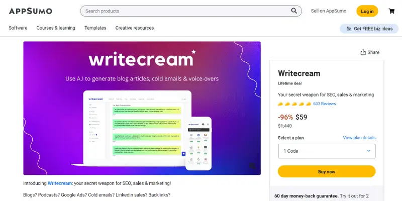 Writecream AppSumo Lifetime deal
