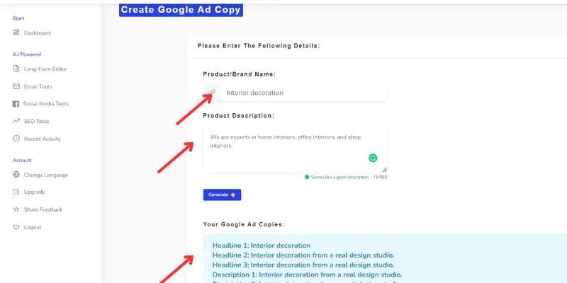 Writecream Google Ad copy