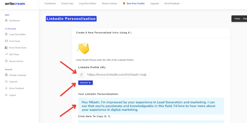 Writecream LinkedIn personalization